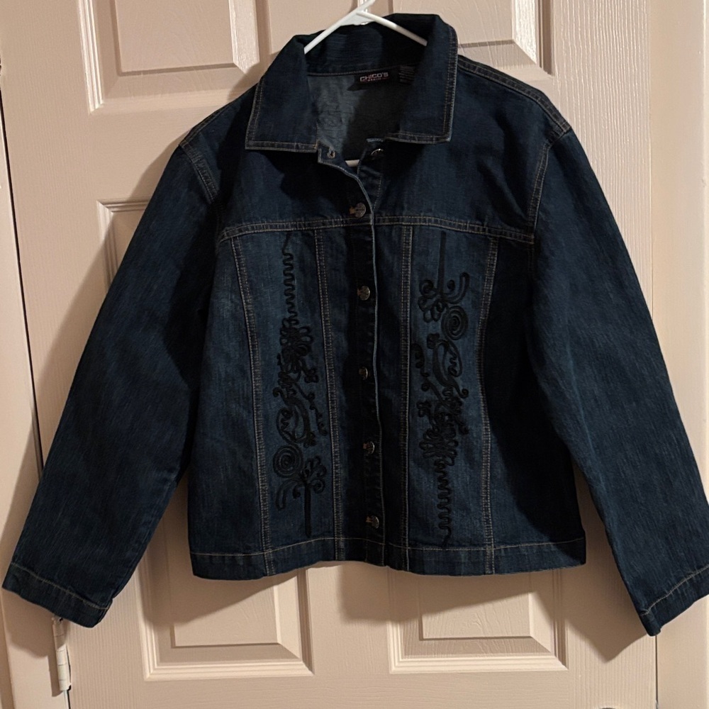 Chico's Dark Blue Embroidered Jean Jacket